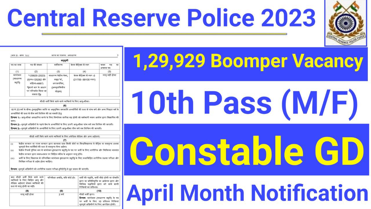 CRPF Constable gd recruitment 2023 | 1,29,929 constable