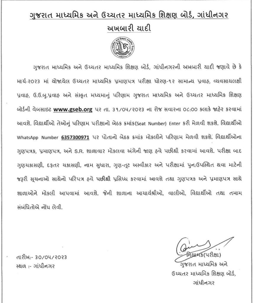 12th Commerce Result 2023 Gujarat board